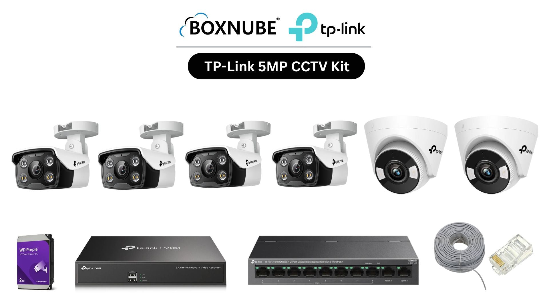 TP-Link VIGI 5MP 6 Camera Kit Bundle | 4 x C350, 2 x C450, 1 x 8 Channel NVR, 1 x 8+2 Port PoE Switch with 100M CAT6 Cable, RJ45 Connectors TP-Link VIGI 5MP 6 Camera Kit Bundle | 4 x C350, 2 x C450, 1 x 8 Channel NVR, 1 x 8+2 Port PoE Switch with 100M CAT6 Cable, RJ45 Connectors